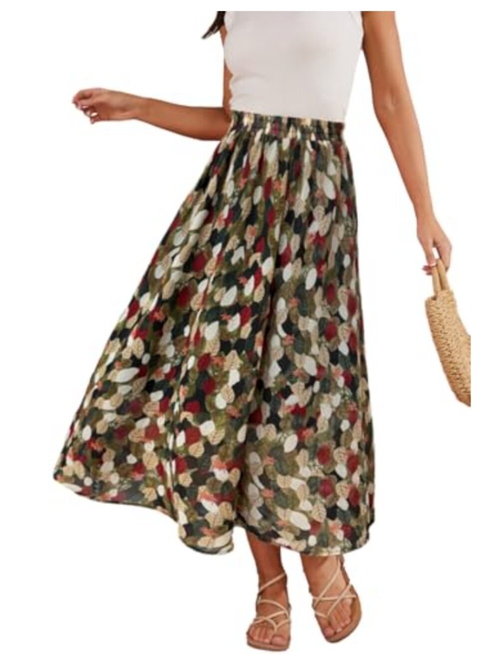 Midi Floral Print Skirt Boho Flowy High Elastic Waist Double Layered Summer Long